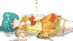  ahoge bad_id bad_pixiv_id bare_shoulders blush bow frills green_hair lying macross macross_frontier on_side ranka_lee red_eyes short_hair solo tears thighhighs tori_(driftwood) zettai_ryouiki 