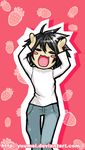  animated animated_gif bags_under_eyes caramelldansen dancing death_note food fruit fruit_background happy l_(death_note) lowres male_focus solo strawberry watermark wenqing_yan 