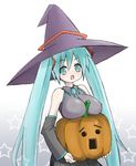  aqua_hair breast_rest breasts carried_breast_rest hat hatsune_miku large_breasts long_hair pumpkin shuuhei_(shoohey) solo twintails vocaloid witch_hat 