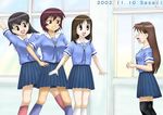  azumanga_daiou bonklers brown_eyes brown_hair kagura_(azumanga_daiou) kasuga_ayumu long_hair mizuhara_koyomi multiple_girls sasaji school_uniform short_hair sweat takino_tomo thighhighs 