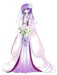  bad_id bad_pixiv_id bouquet bridal_veil bride dress embarrassed flower hieda_no_akyuu japanese_clothes kimono lily_(flower) purple_eyes purple_hair rose short_hair solo touhou uchikake veil wedding_dress yatosaki_haru 