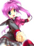  :d bow bowtie holding_hands little_busters! long_sleeves looking_at_viewer open_mouth out_of_frame outstretched_arm outstretched_arms pink_bow pink_hair pink_neckwear pov pov_hands saigusa_haruka satomi_yoshitaka simple_background smile solo_focus spread_arms white_background 