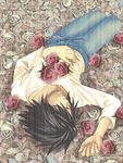  1boy black_hair death_note denim eyes_closed flower jeans l l_(death_note) long_sleeves lying on_back pants rose roses shirt sleeping solo white_shirt 