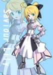  ahoge aqua_eyes armor armored_dress artoria_pendragon_(all) bare_shoulders blonde_hair detached_sleeves dress fate/stay_night fate/unlimited_codes fate_(series) gauntlets hair_ribbon ponytail ribbon saber saber_lily solo takayonexx zoom_layer 