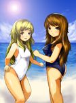  ass bad_id bad_pixiv_id beach blonde_hair blush brown_eyes brown_hair day dual_persona laboto lily_black lily_white long_hair multiple_girls ocean one-piece_swimsuit swimsuit touhou 