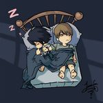  2boys annoyed asleep barefoot bed cover cuffs death_note feet handcuffs indoors l l_(death_note) lowres multiple_boys night sleeping sucking thumb_sucking toes yagami_light zzz 