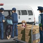  4boys arrest balaclava barefoot beidan blue_eyes blue_pants blue_shirt box box_stack brown_hair cardboard_box carrot child commentary_request dragging facing_away ground_vehicle hands_on_own_knees hat in_box in_container knees_to_chest long_hair long_sleeves looking_at_viewer motor_vehicle multiple_boys original pants peaked_cap platform_truck police police_hat police_uniform shirt short_sleeves t-shirt uniform van vest 