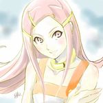  anemone_(eureka_seven) artist_request cloud collar eureka_seven eureka_seven_(series) hair_ornament hairclip long_hair lowres pink_hair purple_eyes signature smile solo 