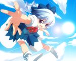  aro bad_id bad_pixiv_id blue_hair cirno cloud day flying ribbon short_hair sky solo touhou wings 