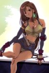  bare_shoulders brown_hair earrings elbow_gloves final_fantasy final_fantasy_vii fingerless_gloves gloves jewelry lens_flare long_hair midriff non-web_source panties pantyshot pencil_skirt red_eyes skirt solo suspender_skirt suspenders tifa_lockhart underwear 