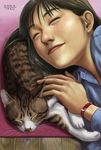  brown_hair cat closed_eyes lowres matataku original realistic sleeping smile solo 