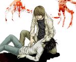  black_hair blood brown_hair death death_note l l_(death_note) lying smile yagami_light 