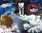  blood brown_eyes brown_hair clock collage death_note falling formal l_(death_note) lying male_focus multiple_boys pen suit yagami_light 
