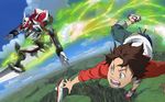  artist_request blue_eyes brown_hair cloud day eureka_seven eureka_seven_(series) falling mecha nirvash official_art raglan_sleeves renton_thurston sky solo 