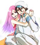  1girl anemone_(eureka_seven) artist_request beret couple dominic_sorel dress eureka_seven eureka_seven_(series) hat hetero hug jam lowres military military_uniform pink_hair purple_eyes uniform 