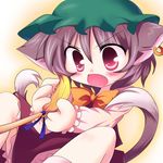  angry animal_ears brown_hair cat_ears cat_tail chen earrings fang haiiro_(immature) hat jewelry multiple_tails red_eyes short_hair solo tail touhou 
