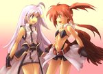  agito_(nanoha) belt demon_girl eye_contact fingerless_gloves flat_chest gloves kouno_hikaru long_hair looking_at_another lyrical_nanoha magical_girl mahou_shoujo_lyrical_nanoha_strikers multiple_girls open_mouth pointy_ears quad_tails red_hair reinforce_zwei silver_hair sleeveless wings 