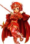  blush boots cape circlet dual_wielding final_fantasy final_fantasy_iii holding knight moriichi red red_eyes red_hair shoulder_pads solo sword thighhighs warrior_of_light weapon 