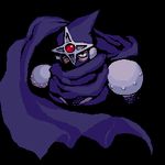  ariga_hitoshi black_background cloak hood hooded_cloak looking_at_viewer lowres male_focus pom_pom_(clothes) purple_scarf rockman rockman_(classic) rockman_3 rockman_megamix scarf shadowman solo spikes upper_body 