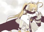  arm_around_shoulder bangs blonde_hair boots cape carrying closed_eyes cropped_jacket crying dress fate_testarossa gloves hand_on_another's_head hug juliet_sleeves kneehighs long_hair long_sleeves lyrical_nanoha magical_girl mahou_shoujo_lyrical_nanoha multiple_girls princess_carry puffy_sleeves scarf takamachi_nanoha twintails very_long_hair weapon 