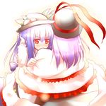  angry blue_hair blush comforting food frown fruit hat hinanawi_tenshi hiraga_matsuri hug long_hair multiple_girls nagae_iku peach purple_hair ribbon short_hair touhou 