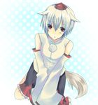  albino animal_ears detached_sleeves dog_tail hat inubashiri_momiji red_eyes solo suzumura_tomo tail tokin_hat touhou white_hair wolf_ears 