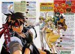  4boys absurdres black_hair blonde_hair brown_hair cleo_everlastin dortin dress fingerless_gloves fukuda_michio glasses gloves headband highres long_hair magazine_scan majic_lin majutsushi_orphen multiple_boys open_mouth orphen scan volkan 