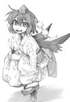  black_wings floral_print geta graphite_(medium) greyscale hat hikawa_shou japanese_clothes kimono looking_at_viewer monochrome open_mouth shameimaru_aya short_hair smile solo squatting tengu-geta tokin_hat touhou traditional_media wings yukata 