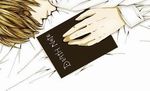  bed bed_sheet book brown_hair death_note eyes_closed lowres sheets sleeping yagami_light 