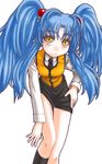  black_skirt blue_hair ebi_tendon formal highres hoshino_ruri kidou_senkan_nadesico legs_up long_sleeves looking_at_viewer pencil_skirt simple_background skirt solo standing standing_on_one_leg suit twintails vest white_background work_in_progress yellow_eyes 