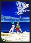  1girl beach cover day dvd_cover eureka_seven eureka_seven_(series) holding_hands ocean official_art outdoors ponytail side_ponytail sky star_(sky) starry_sky surfboard wings yoshida_ken'ichi 