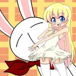  armpits blonde_hair blush bunny dress flat_chest happy long_hair mesousa nemuro_nao oekaki pani_poni_dash! rebecca_miyamoto scarf solo thighhighs zettai_ryouiki 