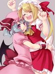  asuka226 bad_id bad_pixiv_id blonde_hair blue_hair flandre_scarlet hat hug multiple_girls ponytail remilia_scarlet ribbon short_hair siblings sisters touhou wings 