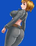  ass back bad_id bad_pixiv_id blonde_hair blue_background blue_eyes blush copyright_request curvy denim from_behind jeans lips lowres matoyama oekaki pants solo twintails 