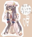  adjusting_eyewear bespectacled glasses hair_ribbon hat long_hair patchouli_knowledge purple_eyes purple_hair ribbon solo suzumura_tomo touhou translated 