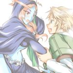  1girl blonde_hair blue_eyes earrings front_ponytail jewelry link lowres microspace midna midna_(true) non-web_source pointy_ears spoilers the_legend_of_zelda the_legend_of_zelda:_twilight_princess 