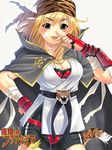  bandages bandana blonde_hair breasts brown_eyes cape cleavage gauntlets gloves ikeda_yasuhiro lingerie lowres medium_breasts mugen_no_fantasia short_hair simple_background solo tail underwear 