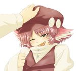  :d alternate_costume animal_ears bad_id bad_pixiv_id face fang happy hat mystia_lorelei one_eye_closed open_mouth out_of_frame petting pink_hair shiba_itsuki short_hair simple_background smile solo_focus teeth touhou white_background 