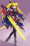  bardiche blonde_hair dual_wielding energy_sword fate_testarossa fingerless_gloves gloves high_heels highres holding long_hair lyrical_nanoha mahou_shoujo_lyrical_nanoha_strikers makacoon red_eyes shoes solo sword thighhighs twintails very_long_hair weapon 