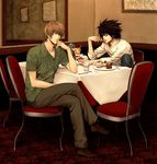  chair death_note dessert eating food l l_(death_note) legs_crossed lowres sitting table yagami_light 