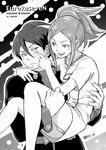  1girl anemone_(eureka_seven) blush carrying couple dominic_sorel dress eureka_seven eureka_seven_(series) greyscale hair_ornament hairclip hetero jpeg_artifacts military military_uniform monochrome nanase_masato panties ponytail princess_carry sweat underwear uniform yonekura_kengo 