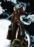  1boy abs boots capcom cloud clouds dante devil_may_cry dual_wielding fingerless_gloves full_body gloves gun handgun jacket leather leather_pants long_coat male male_focus monster muscle official_art outdoors pants red_jacket shirtless sky solo weapon white_hair 