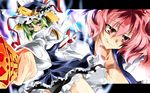  breasts cleavage foreshortening green_hair hat highres large_breasts matsuno_canel multiple_girls onozuka_komachi pink_hair red_eyes ribbon rod_of_remorse shiki_eiki short_hair skirt tongue touhou wallpaper 