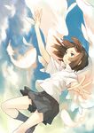  angel_wings blue_eyes brown_hair feathers highres houru midair original short_hair skirt solo wings 