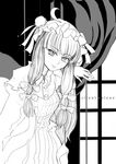  ahoge bow bun_cover buttons collar curtains dress expressionless greyscale hair_bow hat long_hair long_sleeves mob_cap monochrome morisoban patchouli_knowledge sidelocks solo text_focus touhou 