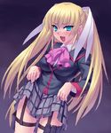  blonde_hair blue_eyes bow little_busters! long_hair pink_bow skirt skirt_lift solo thigh_strap tokido_saya twintails very_long_hair zen 