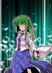  blue_skirt brown_eyes detached_sleeves frog_hair_ornament green_hair hair_ornament kiku_hitomoji kochiya_sanae long_hair looking_at_viewer nontraditional_miko skirt solo standing touhou vest 