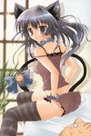  absurdres animal_ears bare_shoulders blue_eyes blush cat_ears cat_tail collar copyright_request highres izumi_tsubasu long_hair open_mouth scan silver_hair sitting solo tail thighhighs 
