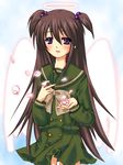  brown_hair cherry_blossoms halo hirai_yukari long_hair non-web_source petals piku purple_eyes school_uniform shakugan_no_shana solo twintails wings 