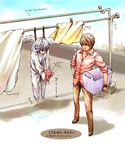  basket brown_hair clothesline death_note laundry near stuffed_animal stuffed_toy wet white_hair yagami_light 